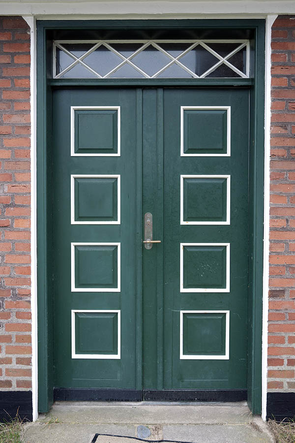 Photo 09754: Panelled, green and white double door with top window