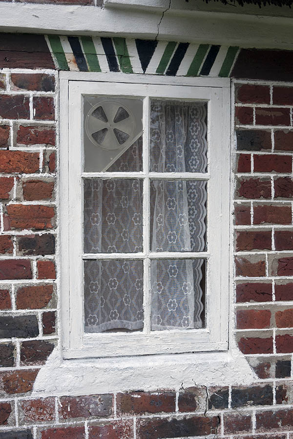 Photo 09765: Worn, white window with six panes