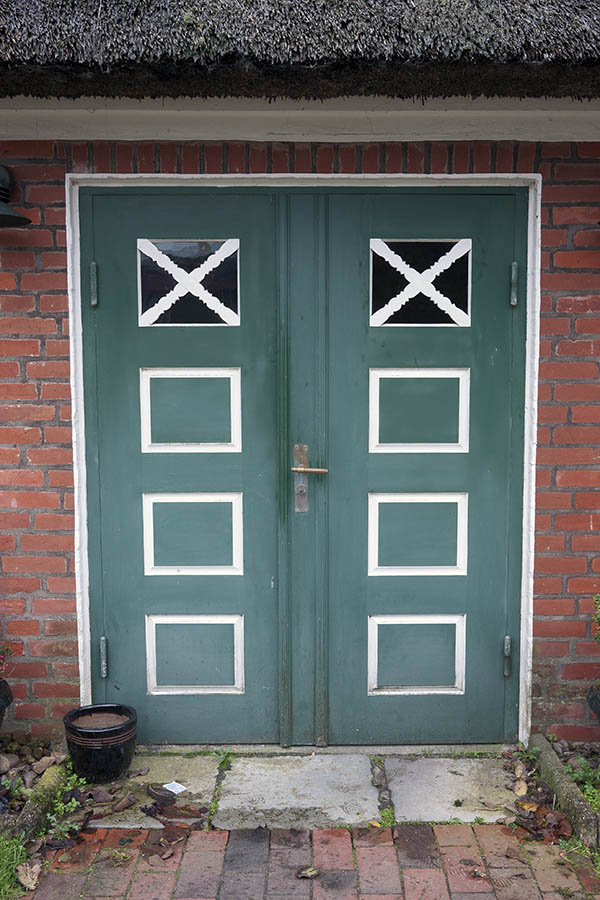 Photo 09776: Panelled, teal and white double door with door lights