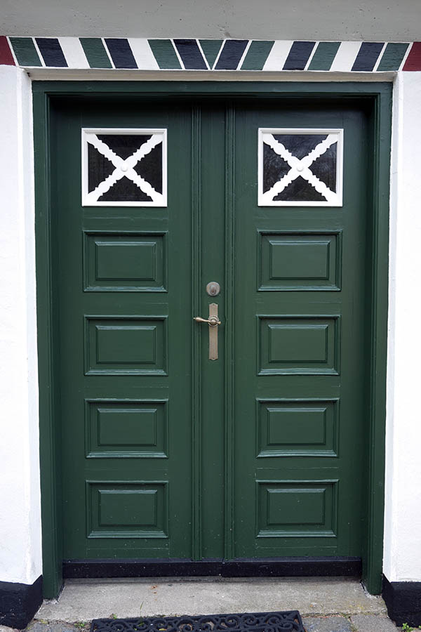Photo 09839: Panelled, green and white double door with door lights