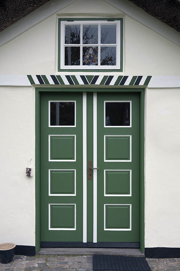 Photo 09862: Panelled, green and white double door with door lights and top window