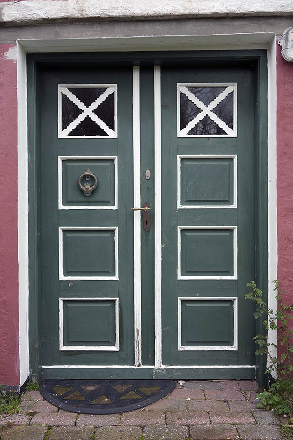 Photo 09868: Worn, panelled, green and white double door with door lights