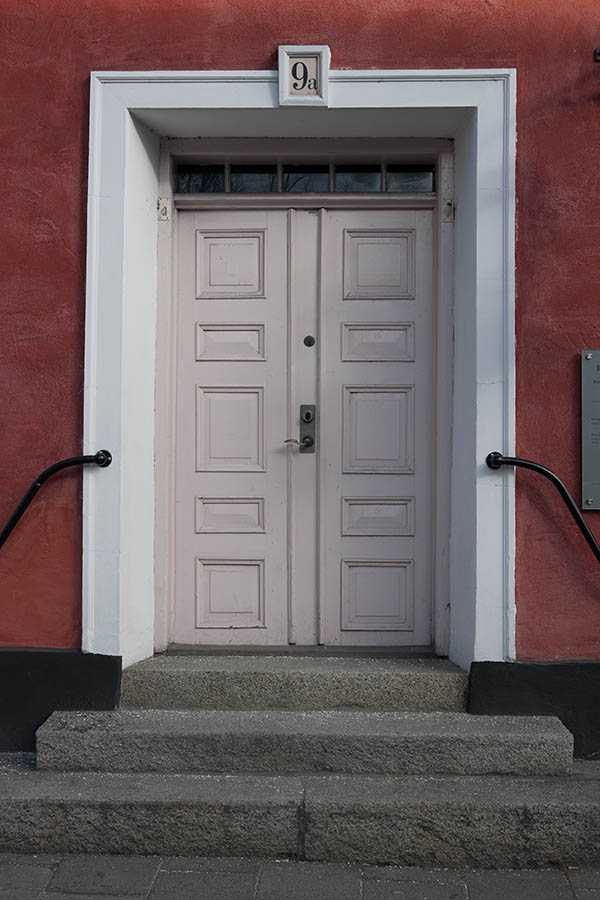 Photo 10055: Panelled, white double door with top window