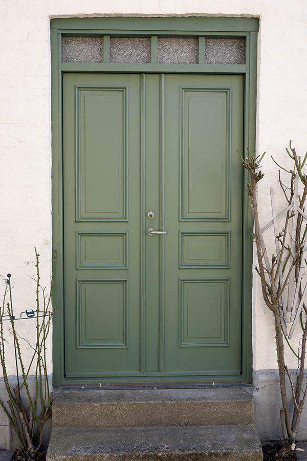 Photo 10264: Panelled, green double door with top window