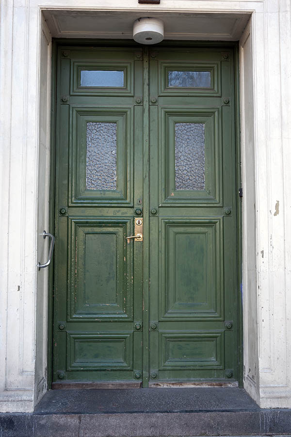 Photo 10356: Worn, panelled, green double door with door lights