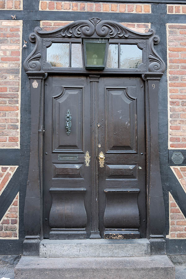 Photo 10405: Carved, panelled, brown double door in baroque style with top window
