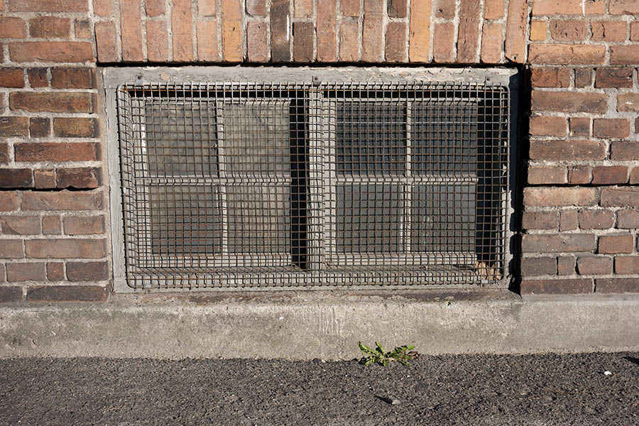 Photo 10483: Grated, grey cellar window with two frames and eight panes