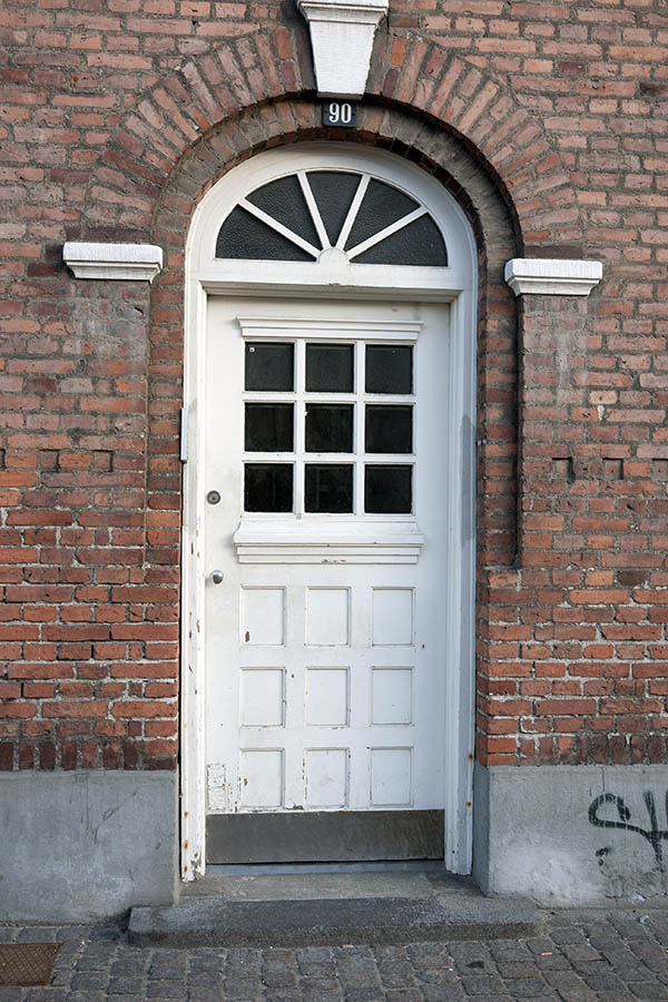 Photo 10519: Worn, panelled, white door with fan light and door light