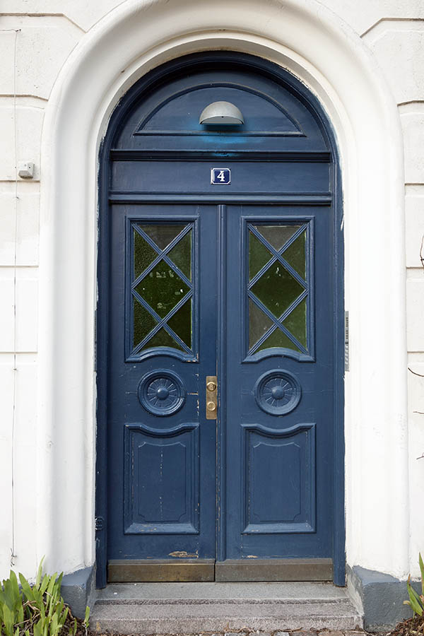 Photo 10548: Panelled, blue double door with fan light and door lights