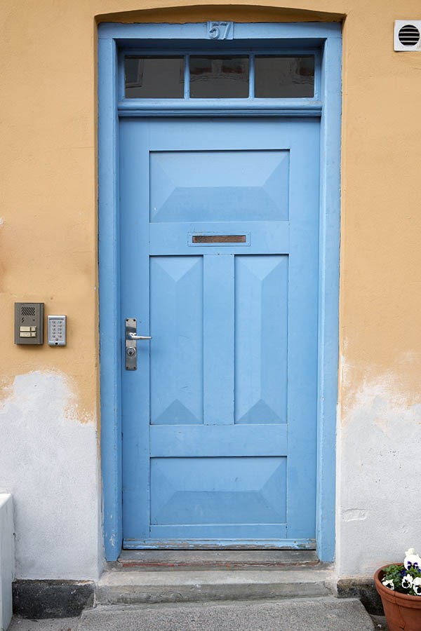 Photo 10790: Panelled, light blue door with top window