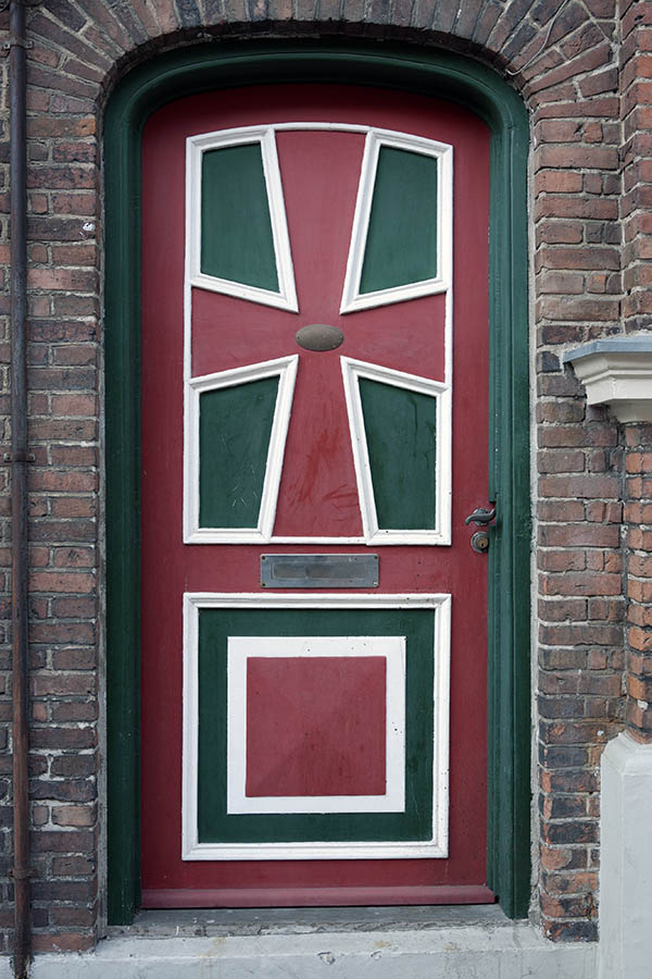 Photo 10801: Formed, panelled, red, green and white door