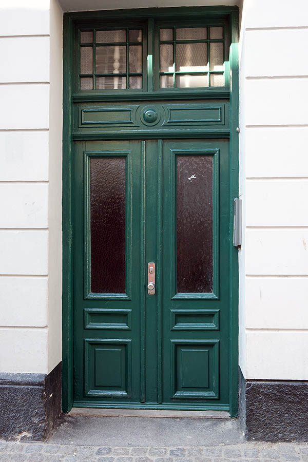 Photo 10825: Panelled, green double door with top window and door lights