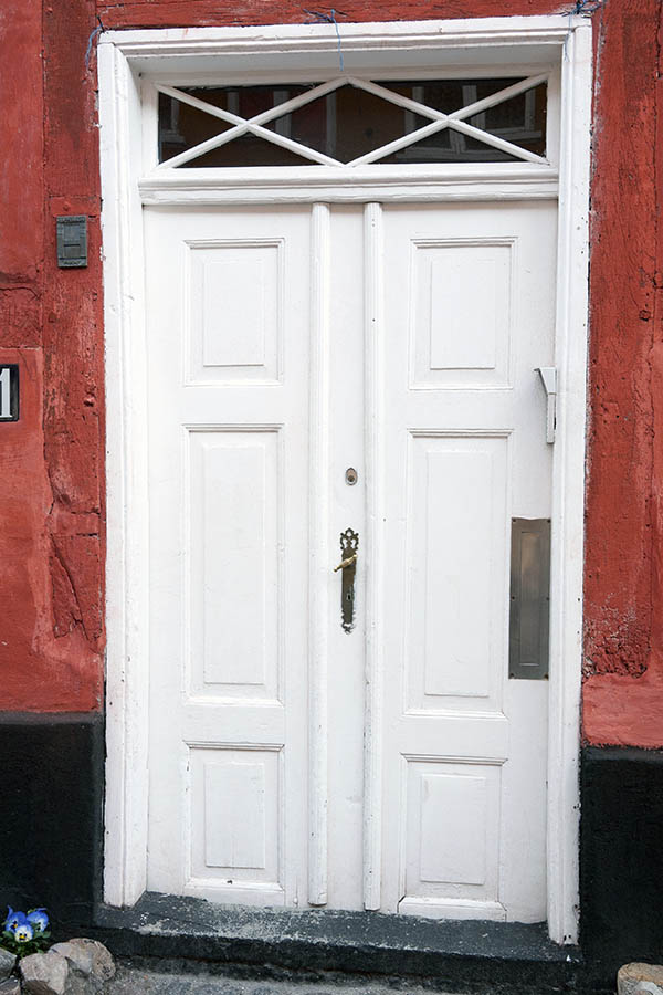 Photo 10839: Worn, panelled, white double door with top window