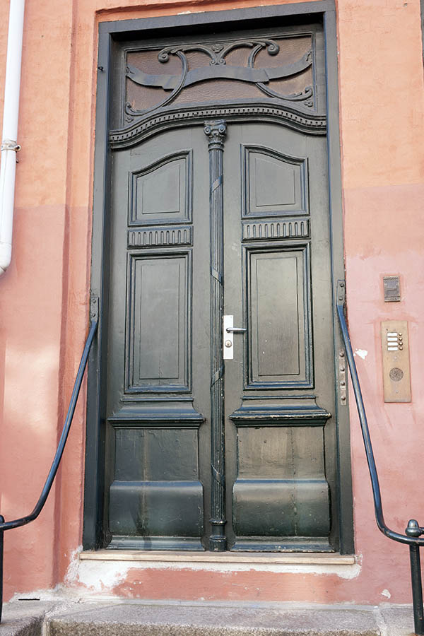 Photo 10852: Carved, formed, black double door with top window