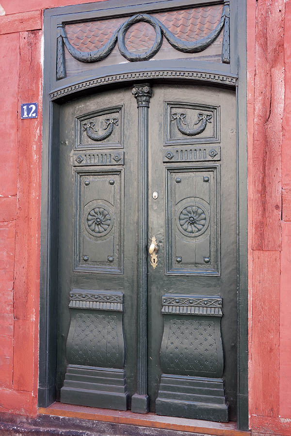 Photo 10902: Carved, formed, panelled, black double door with top window
