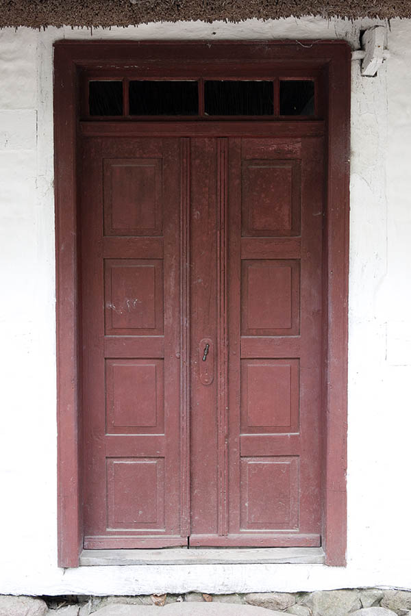 Photo 11073: Panelled, red double door with top window