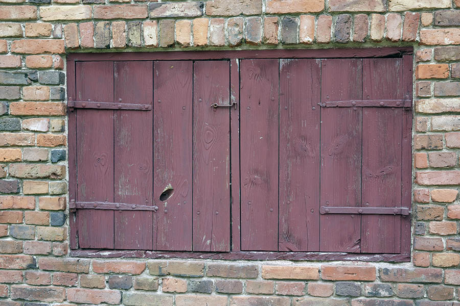 Photo 11197: Worn, purple, double trapdoor made of planks