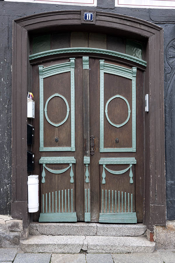 Photo 11869: Lopsided, formed, carved, light green, oiled and brown double door with fan light