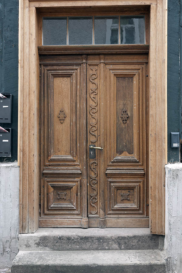 Photo 11940: Carved, panelled, oiled double door with top window