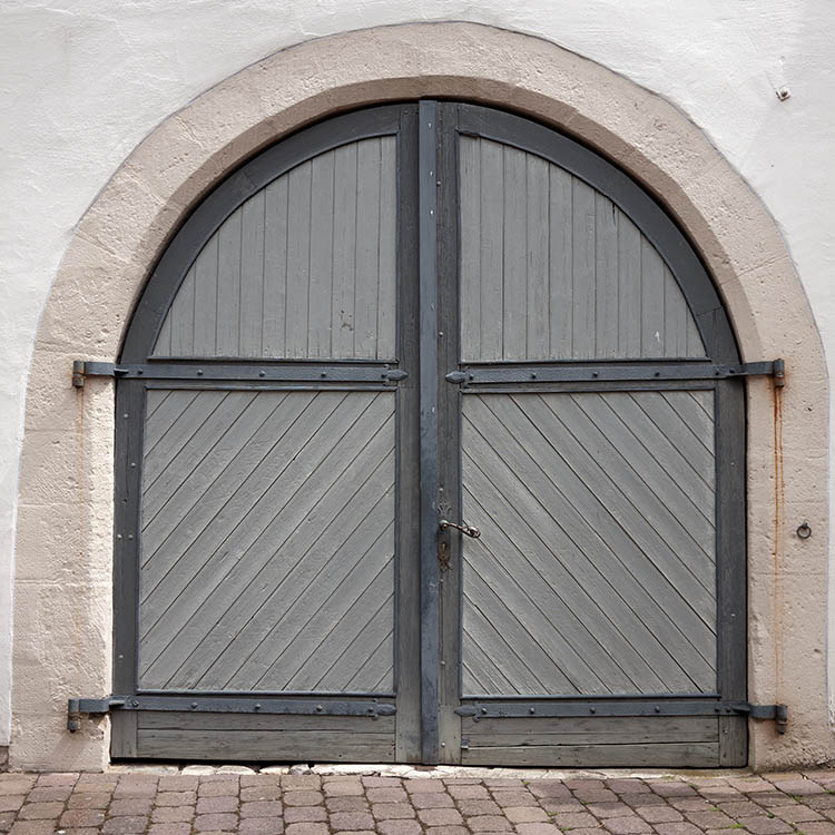 Photo 12050: Formed, panelled grey and brown double door