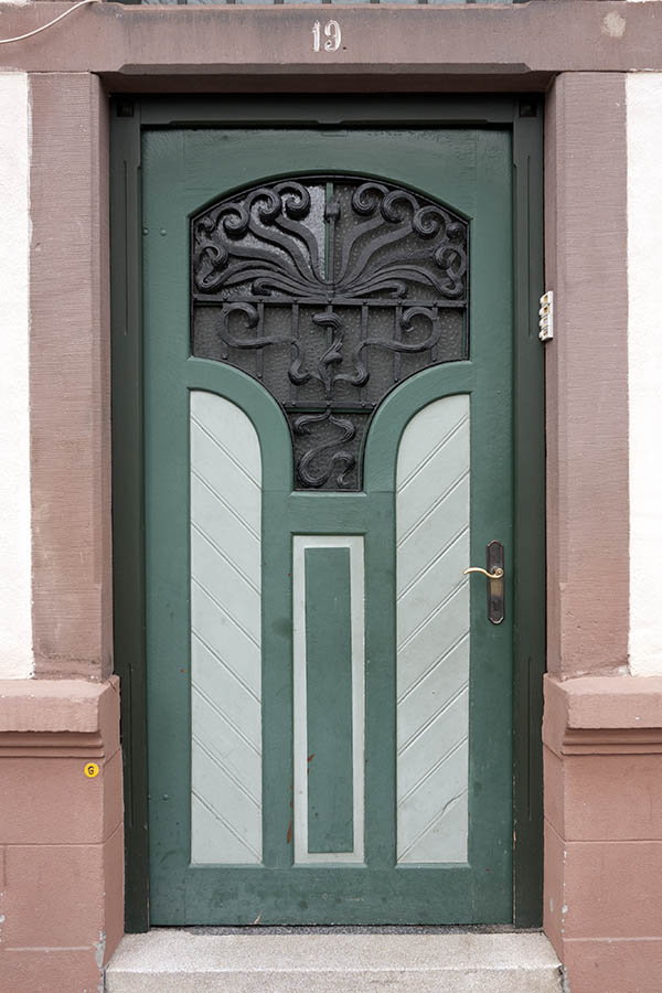 Photo 12104: formed, panelled, green, grey and black door