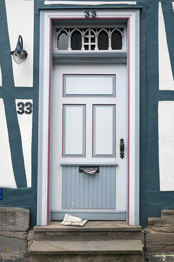 Photo 12122: Panelled, grey, white and red door with top window