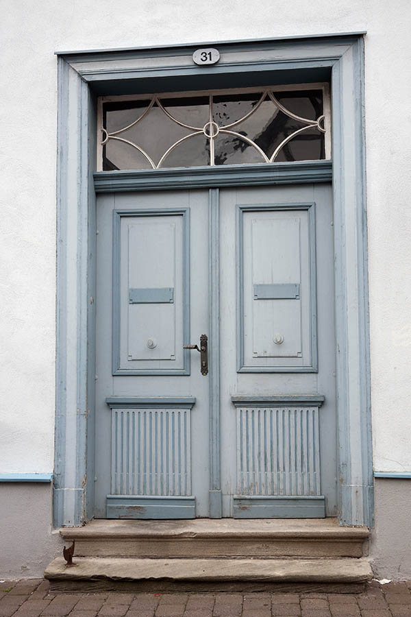 Photo 12148: Worn, panelled, light blue and blue double door with top window