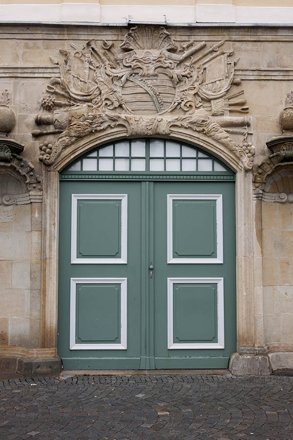 Photo 12168: Carved, panelled green and white gate with fan light