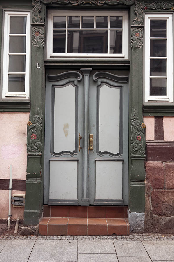 Photo 12185: Carved, grey and light grey double door with white top window