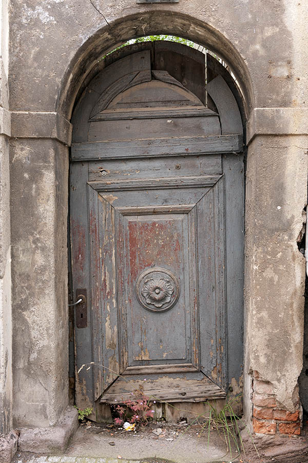 Photo 12215: Decayed, formed, panelled, grey and red door