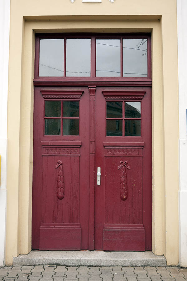 Photo 12244: Carved, panelled, red double door with top window and door lights