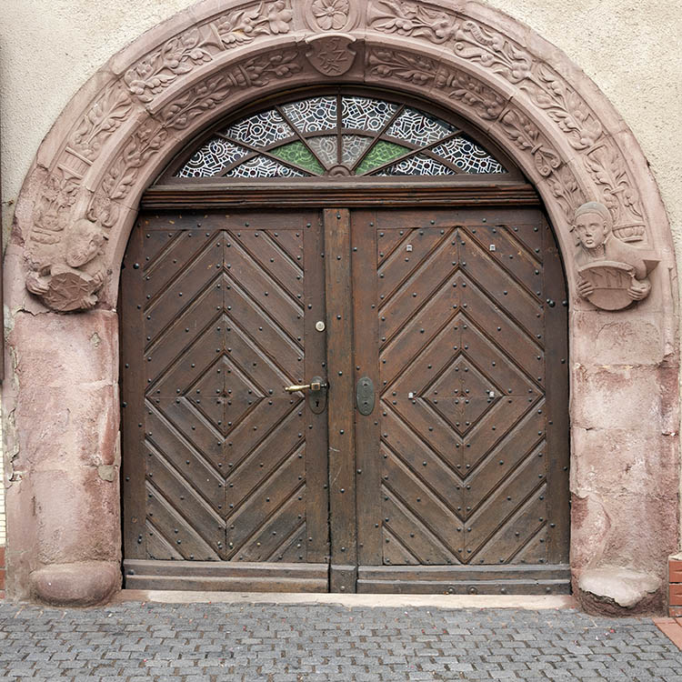 Photo 12303: Wide, oiled, panelled double door with fan light