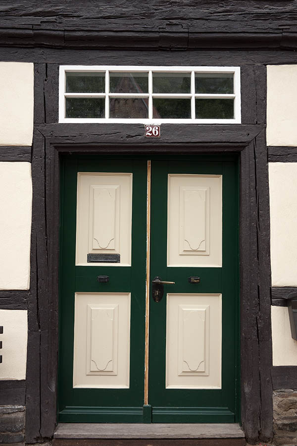 Photo 12360: Carved, panelled, green and white double door with top window