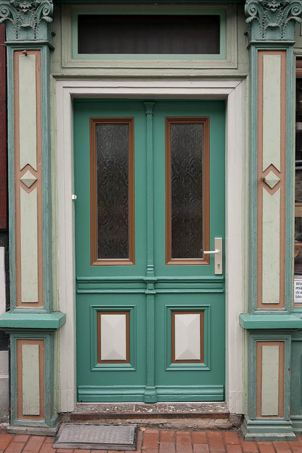 Photo 12463: Light green, light brown and white door with door lights and pilaster