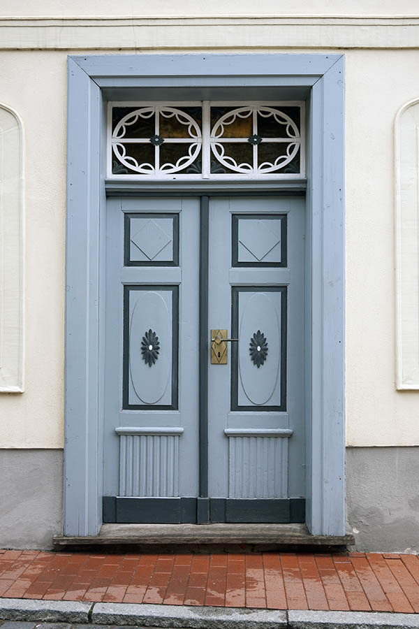 Photo 12472: Panelled, carved, light blue, green and white double door with top window