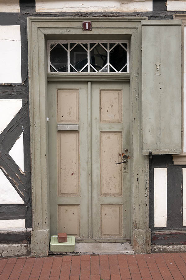 Photo 12500: Lopsided, panelled, light grey, light yellow and white door with top window