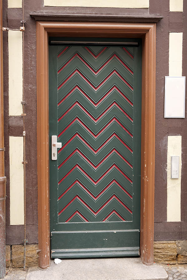 Photo 12627: Panelled, green and red door 