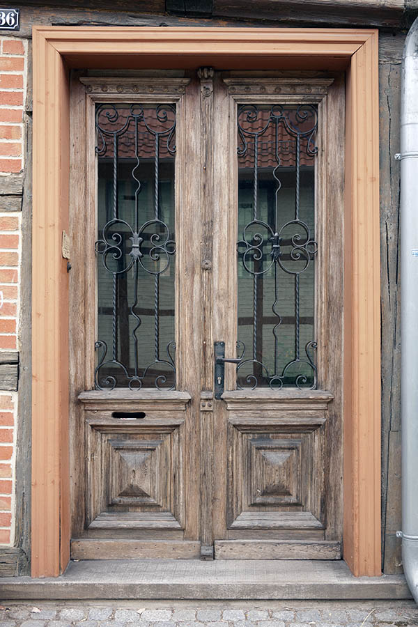 Photo 12661: Panelled, unpainted double door with door lights and lattice