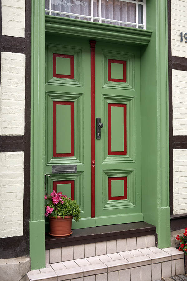 Photo 12669: Panelled, light green, red and white double door with top window