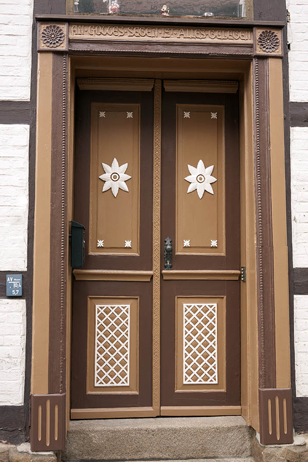 Photo 12736: Panelled, carved, brown, light brown and white double door