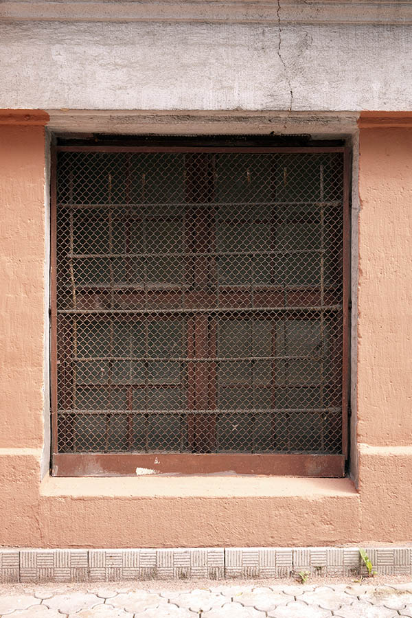 Photo 12782: Grated and latticed brown cellar window with four frames and 16 panes