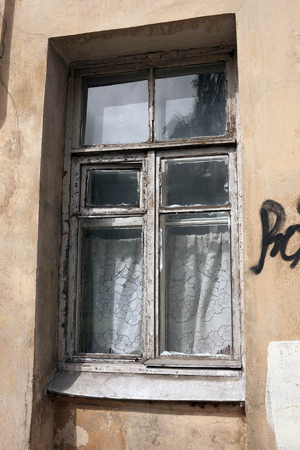 Photo 12784: Decayed, white window with three frames and six panes