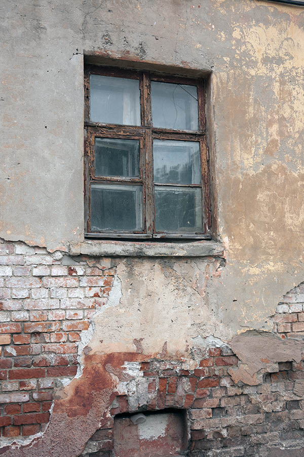 Photo 12792: Decayed, brown window with three frames and six panes