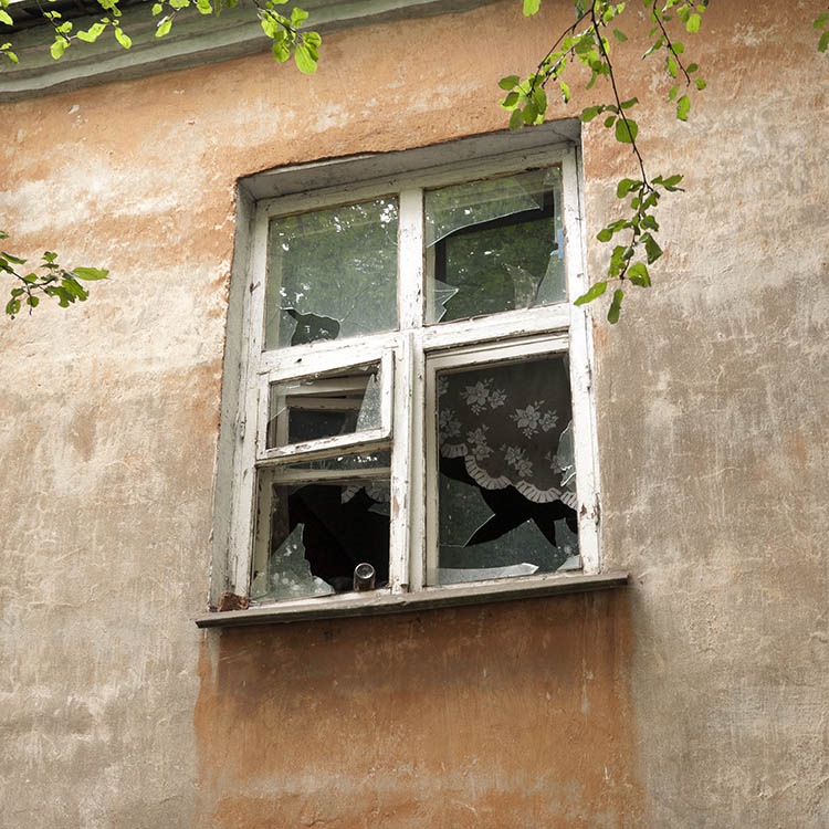 Photo 12913: Decayed, white window with five frames
