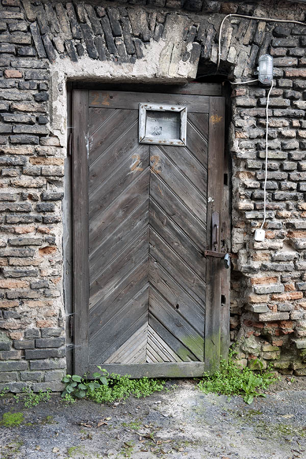 Photo 12961: Worn, panelled, black door