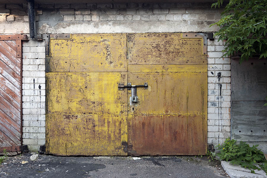 Photo 13014: Worn, yellow metal gate
