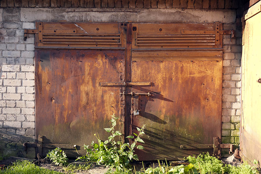 Photo 13020: Worn, red and brown, rusty metal gate