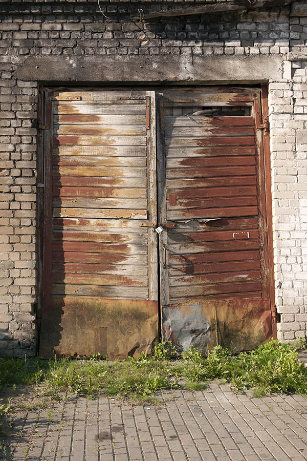Photo 13069: Decayed, panelled, red gate