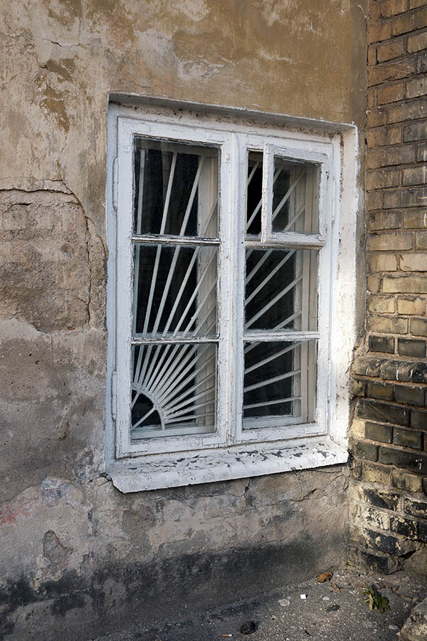 Photo 13076: Worn, white window with two frames and six panes