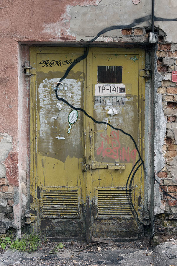 Photo 13267: Decayed, yellow metal plate double door with ventholes